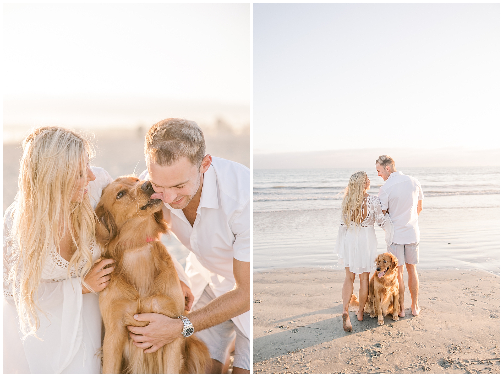 Coronado Beach Engagement Session with the couple's golden retriever. 