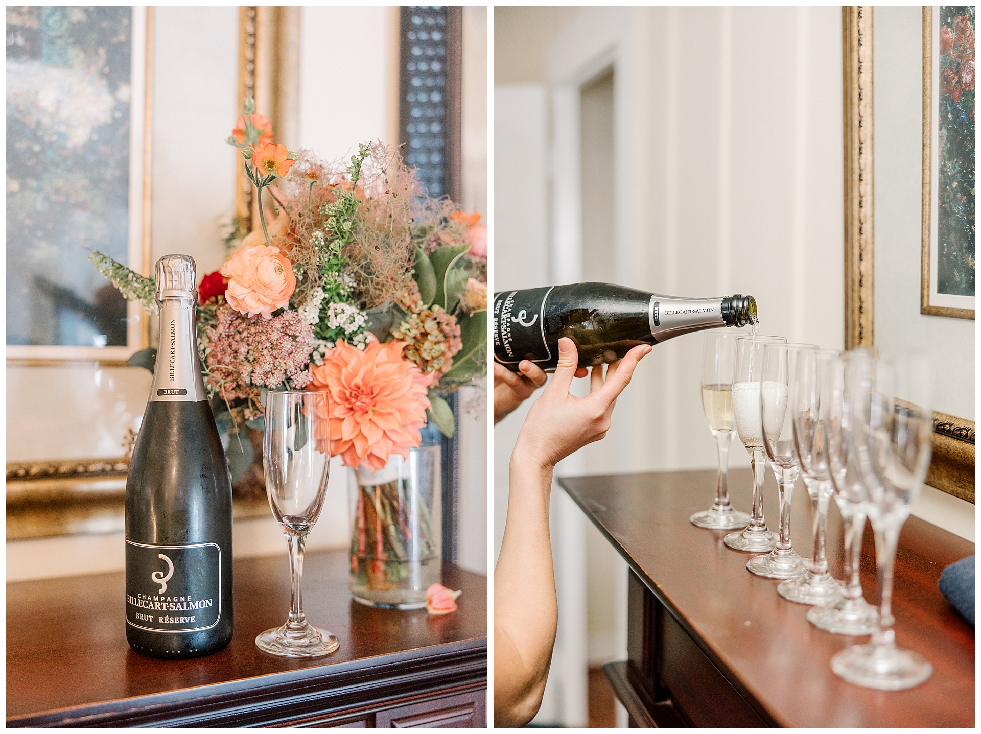 Bride pouring champagne.