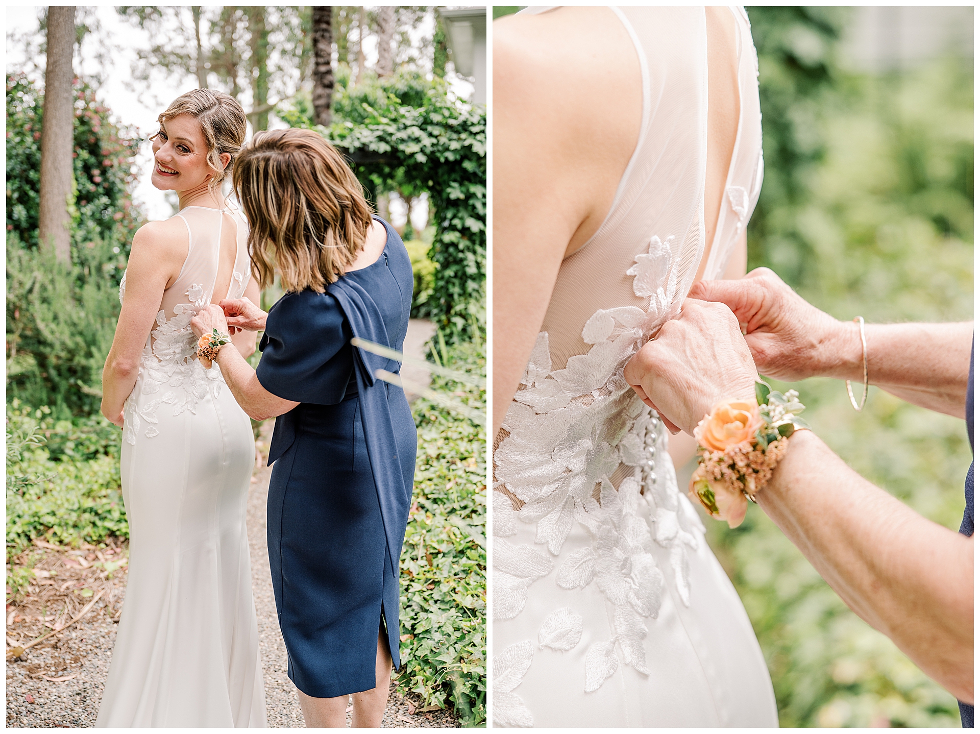 Bride's mom doing her final zip on the brides wedding dress at the Monarch Cove Inn.  