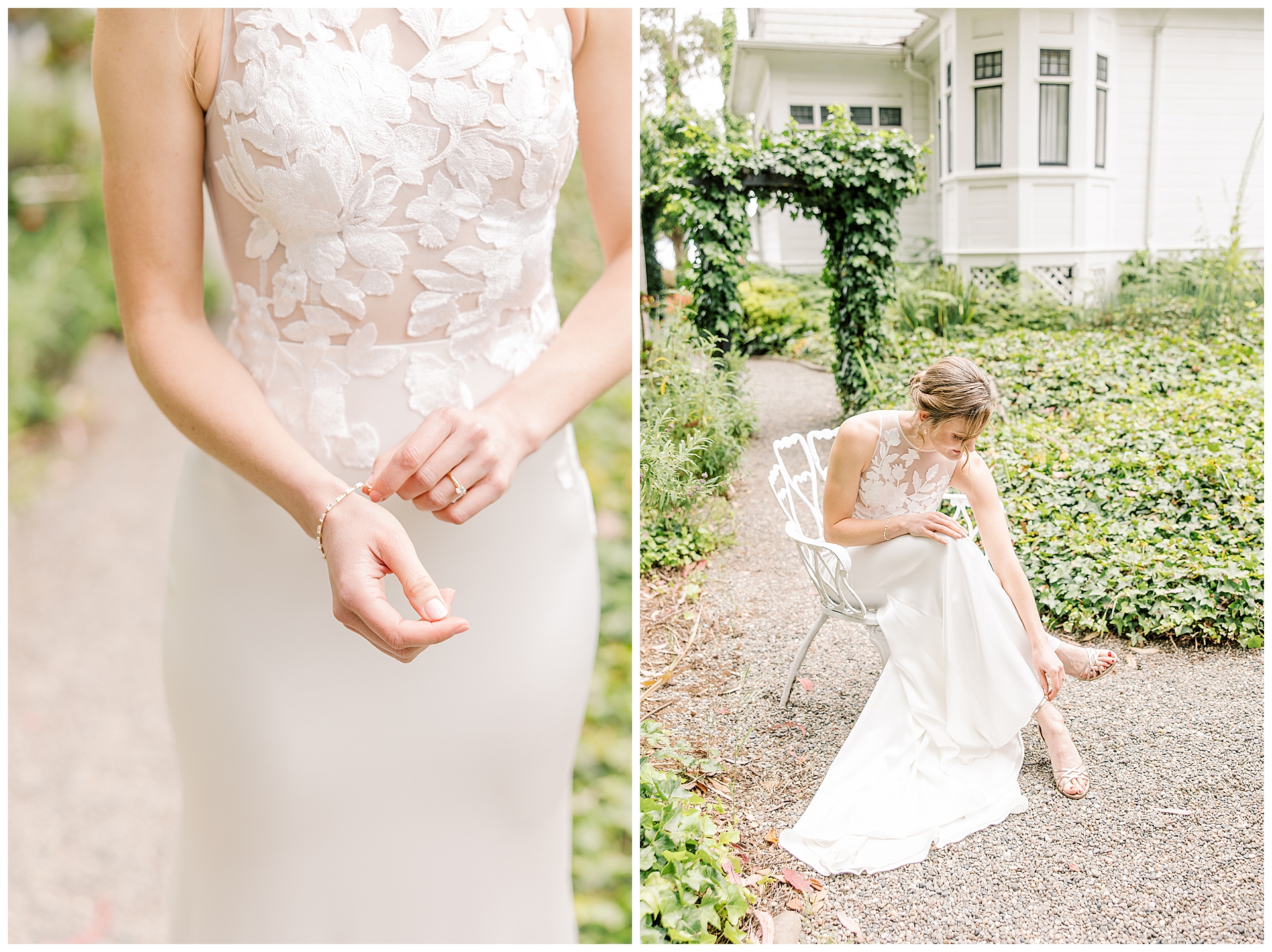 Bride putting shoes on in the gardens of Monarch Cove Inn in Capitola Ca. 