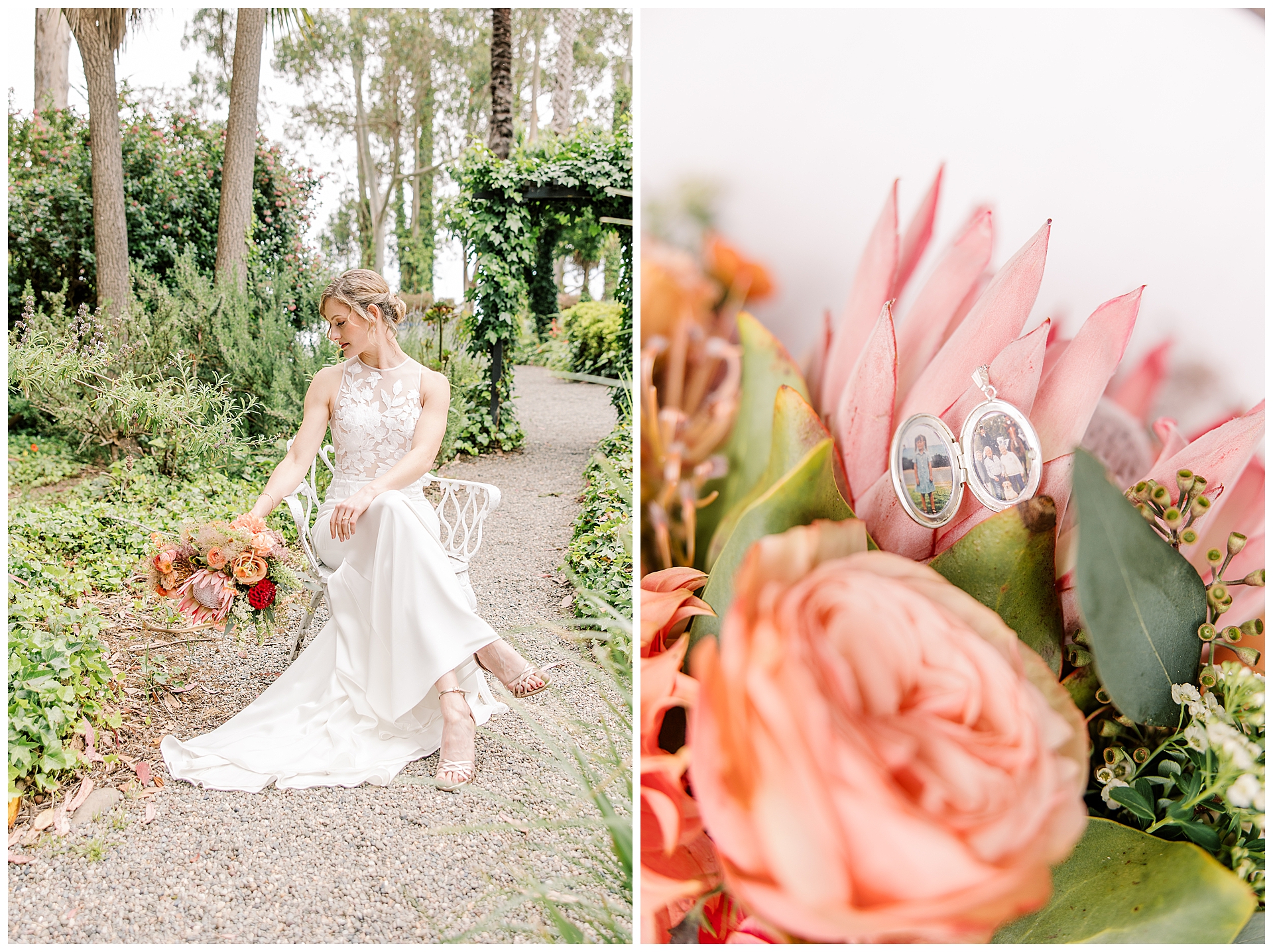 Bride and bouquet in the gardens at Monarch cove Inn in Capitola ca. for their Monarch cove wedding. 