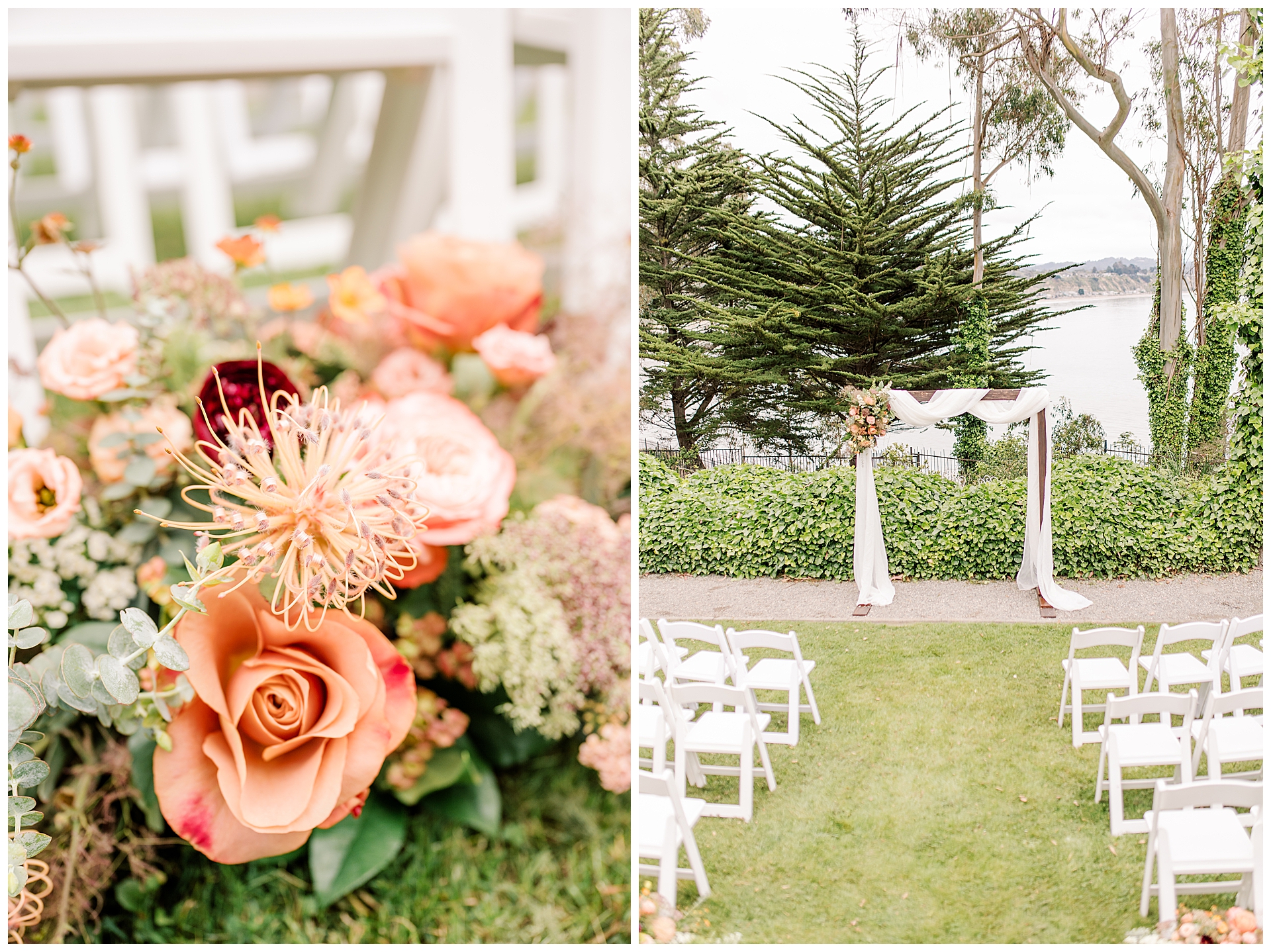 Ceremony and floral set up at Monarch Cove Inn. Florals by Seascape Flowers. 