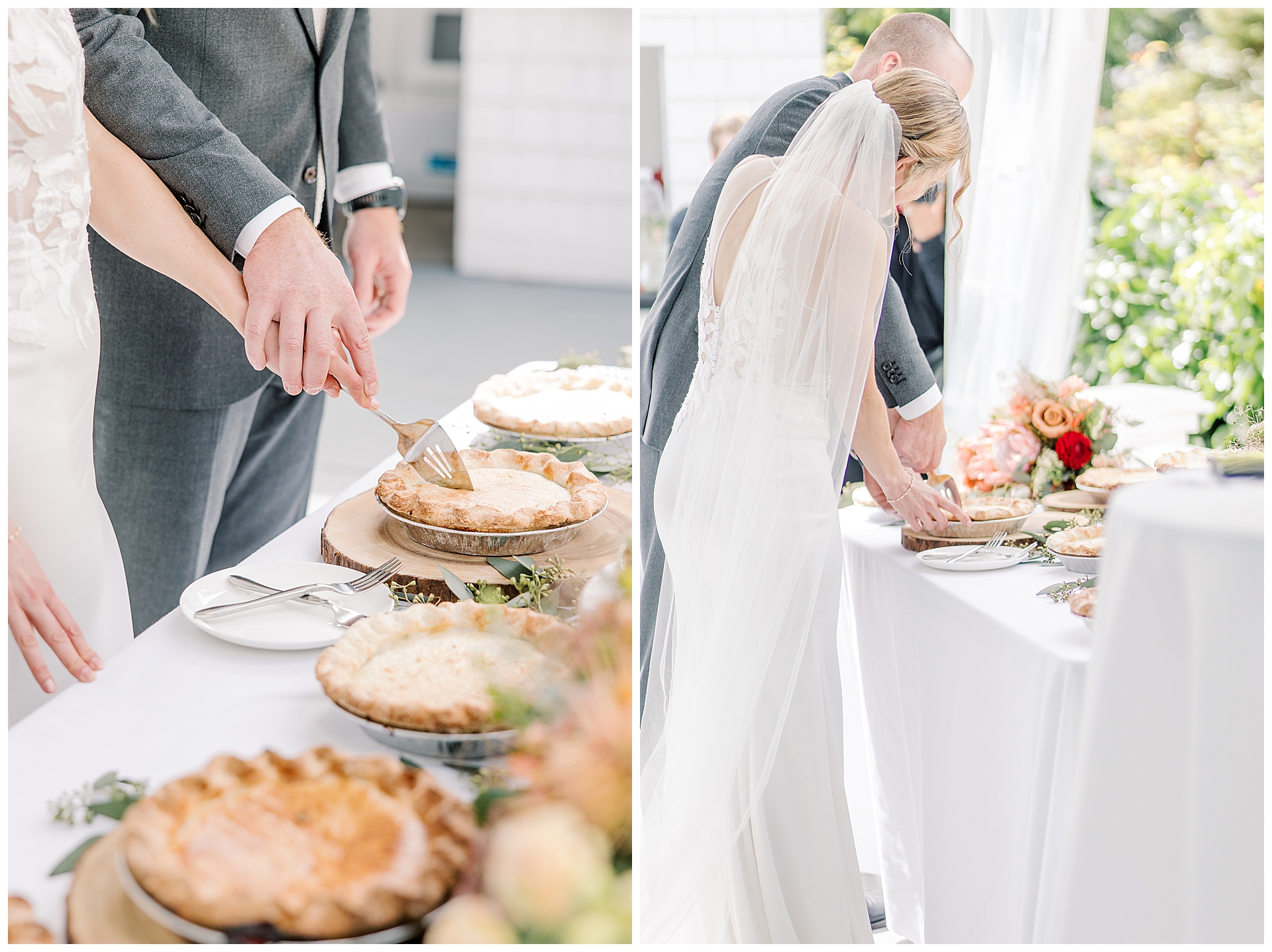 The bride and groom cut their pie as husband and wife.