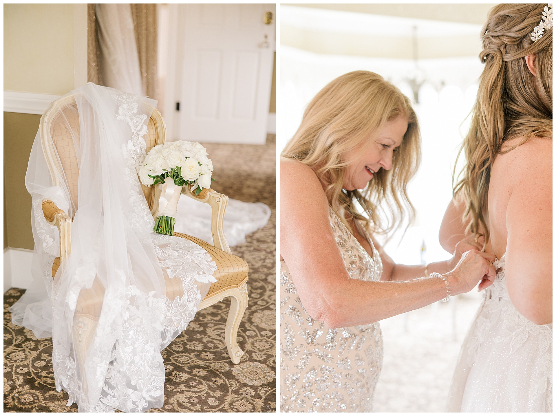 Mom zipping the bride's dress for the Perry House Wedding.