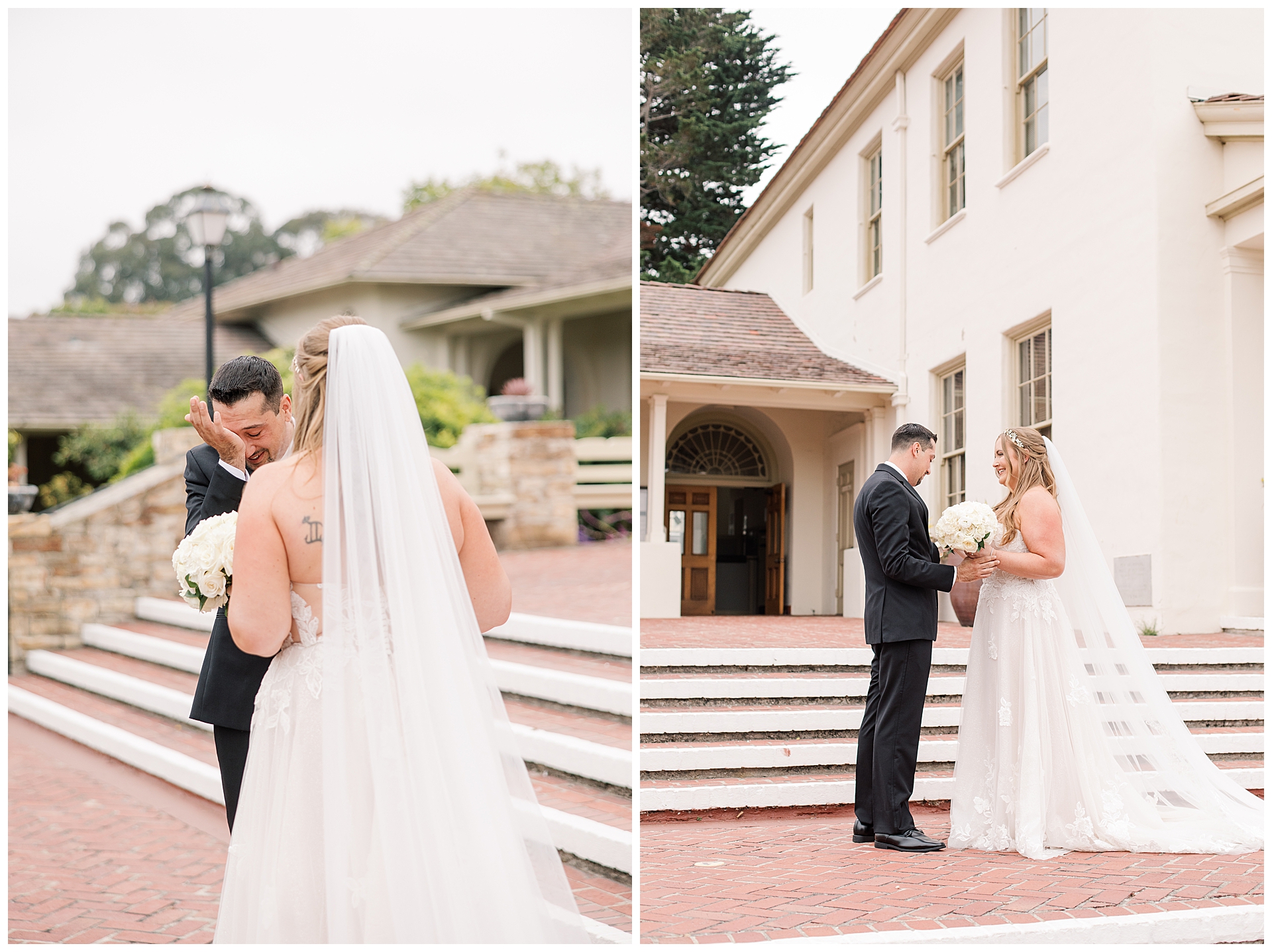 an emotional groom at the couple's first look at city hall in Monterey, ca. for their Perry House Wedding.