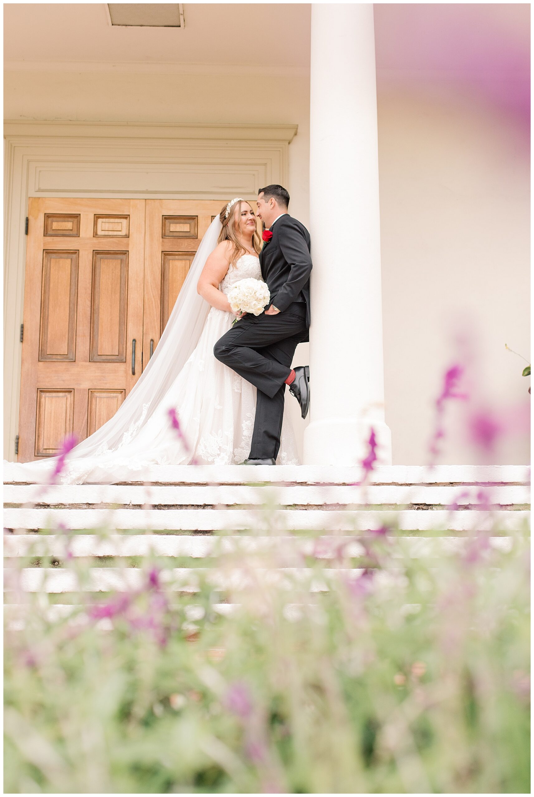 Bride and groom portraits at city hall Monterey for their Monterey wedding