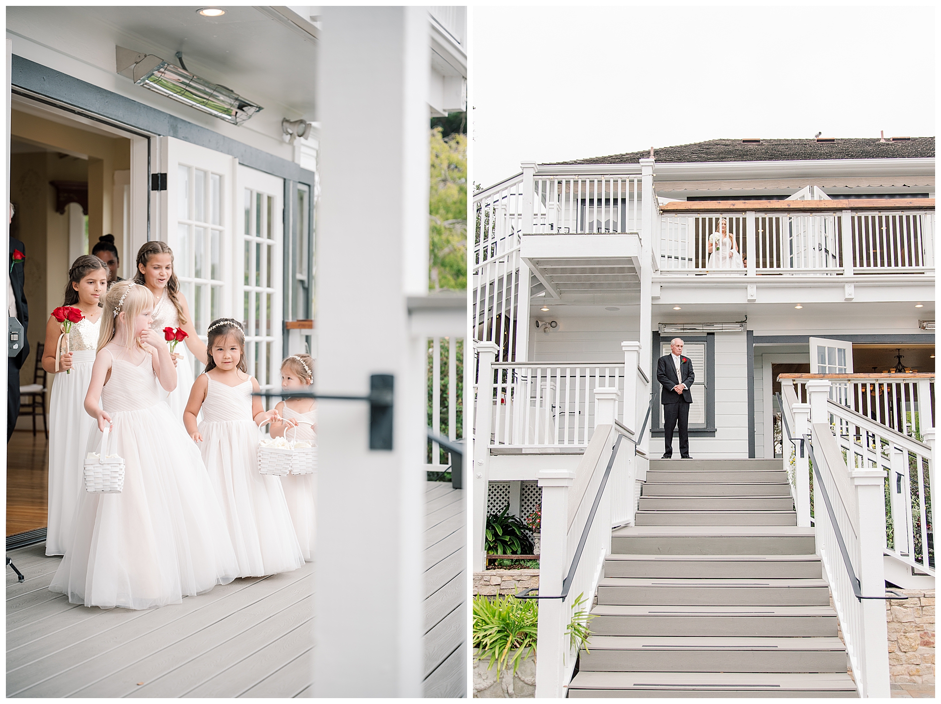 Wedding day bride coming out of the bridal suite balcony while her father waits on the lower balcony at the Perry House.