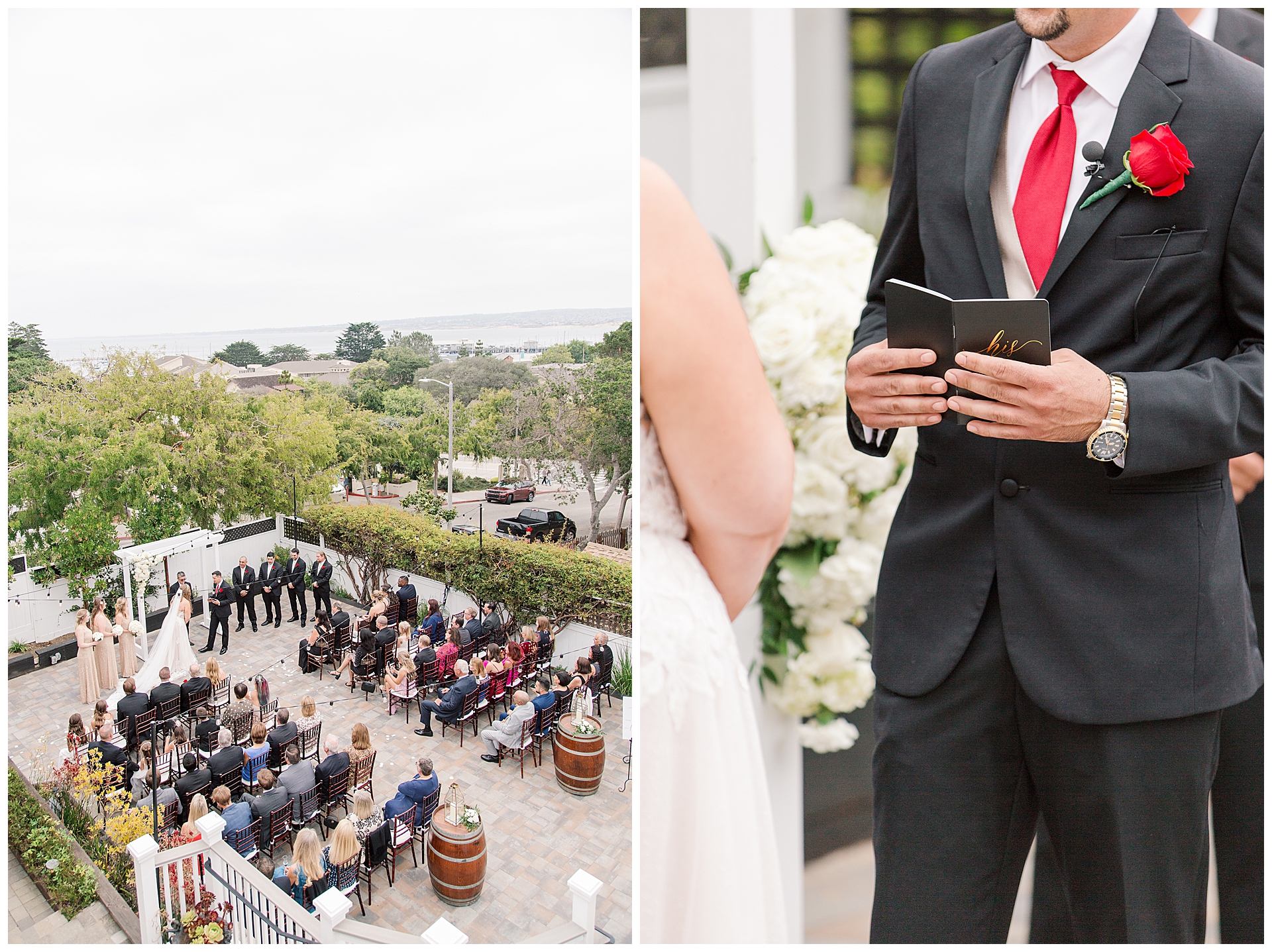 Over head shot of a wedding at the Perry House and the groom sharing his vows during their Monterey wedding.