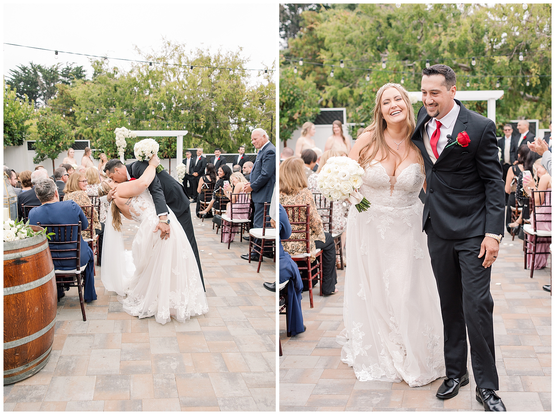 Newly married this couple shares a kiss at the end of the aisle at the Perry House during their Monterey Wedding