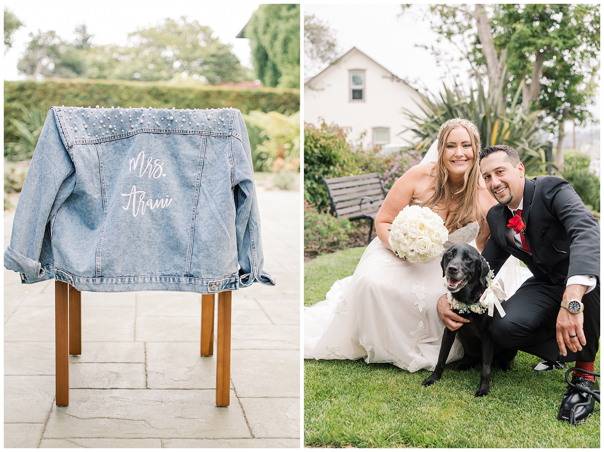 A wedding couple taking a picture with their beloved dog, at their Perry House Wedding, and the brides Mrs. jean jacket for the chilly evening.