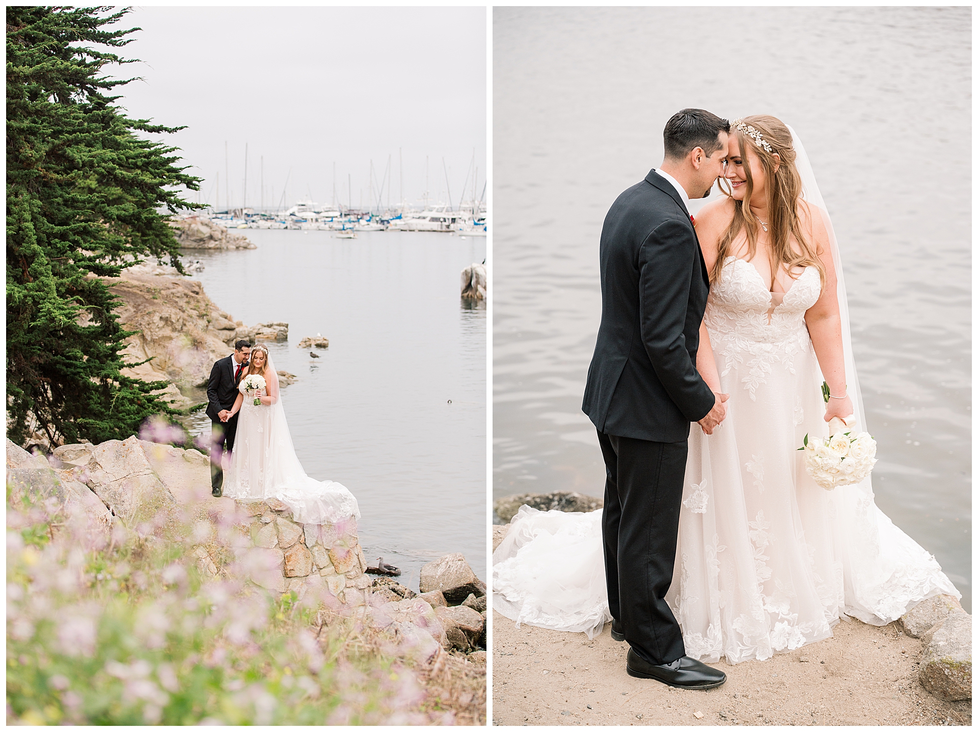 A Monterey wedding couple taking portraits along the cliff side  and a break from the Perry House. 