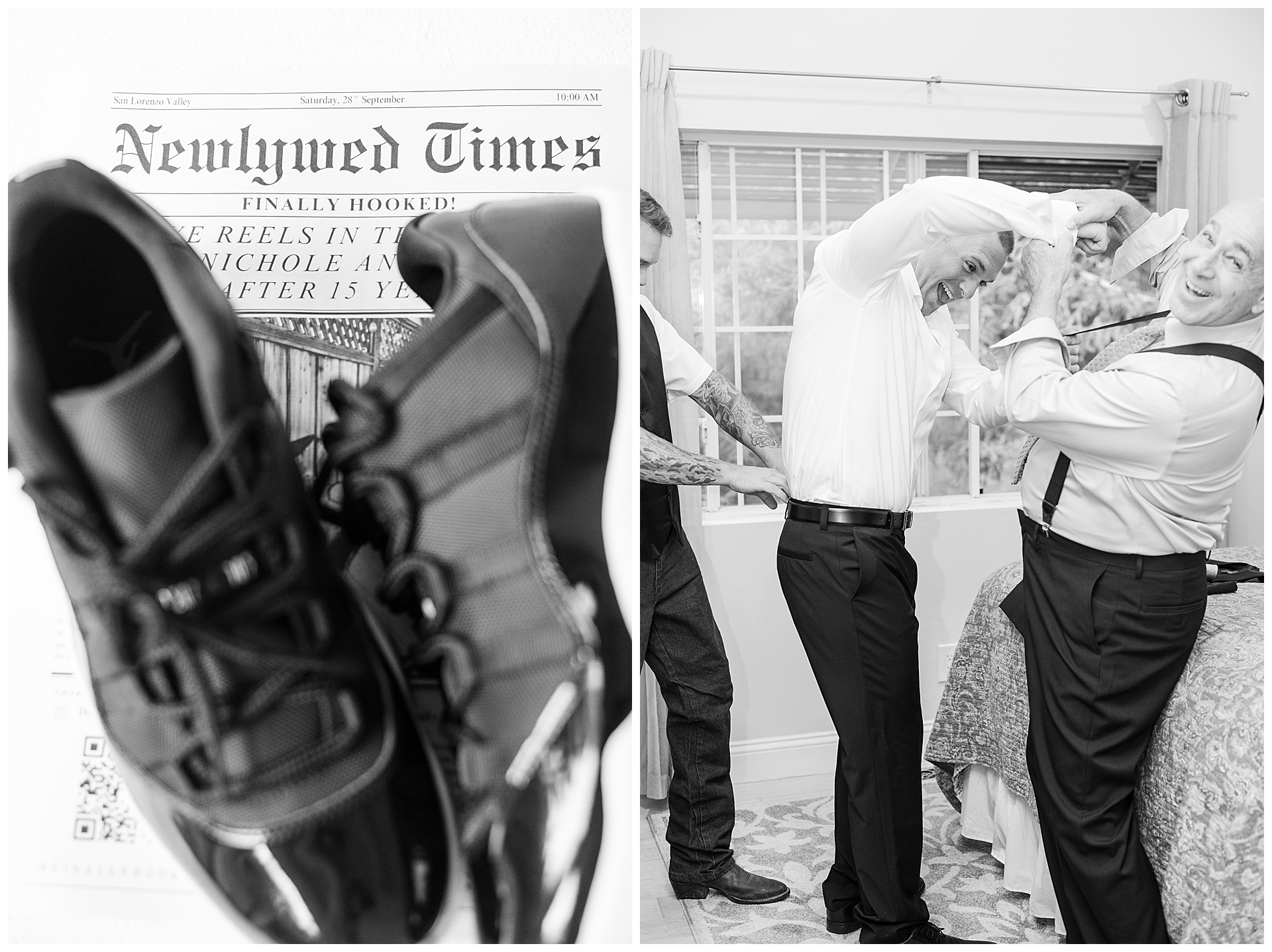 guys getting ready and goofing off at a redwood wedding.