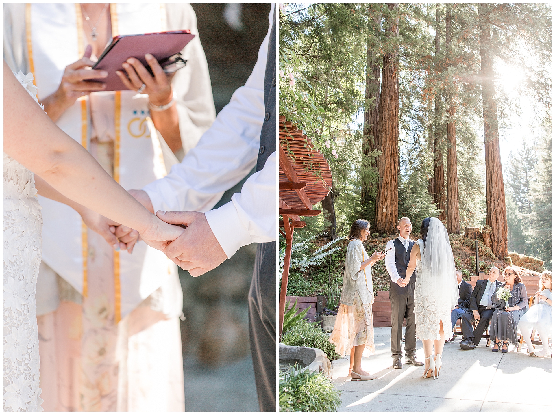 Couple saying vows at their redwood forest wedding.