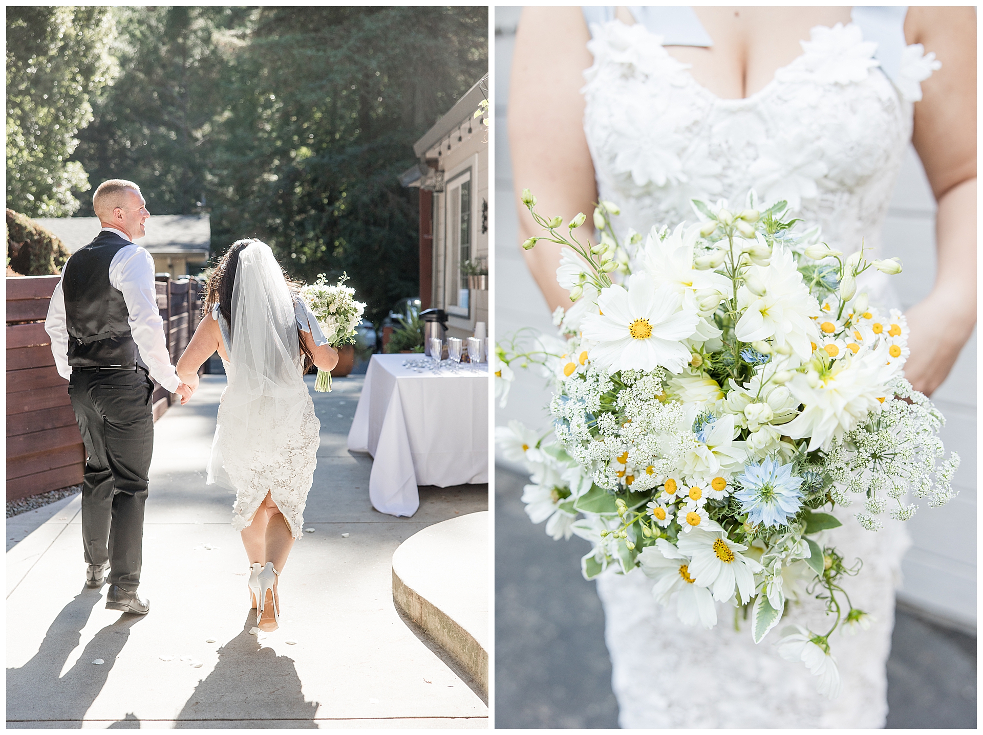 Couple running off after saying I Do, and whimsical bridal bouquet at a redwood forest wedding