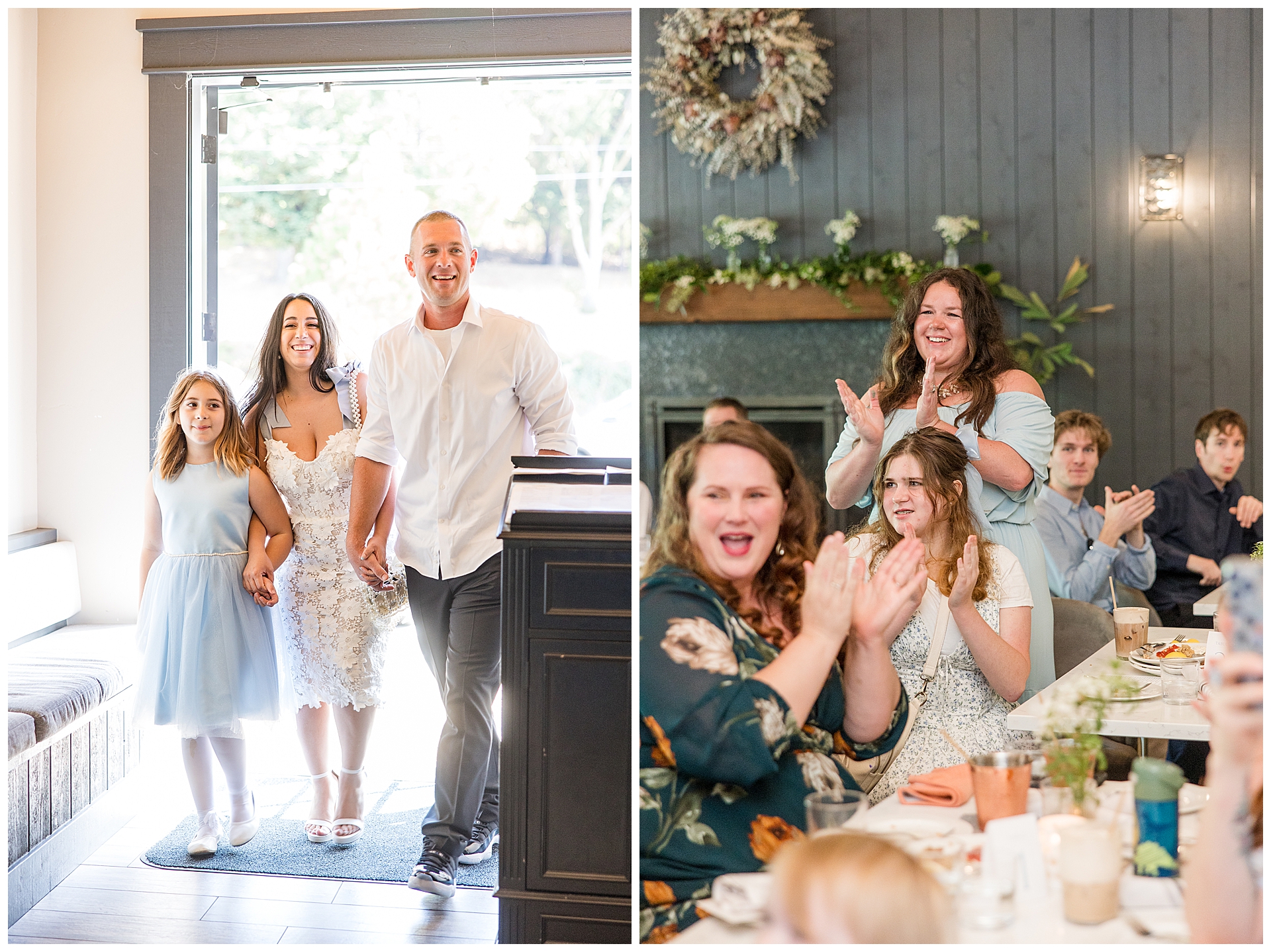 Couple's grand entrance to their Trout Farm Inn redwood wedding reception.