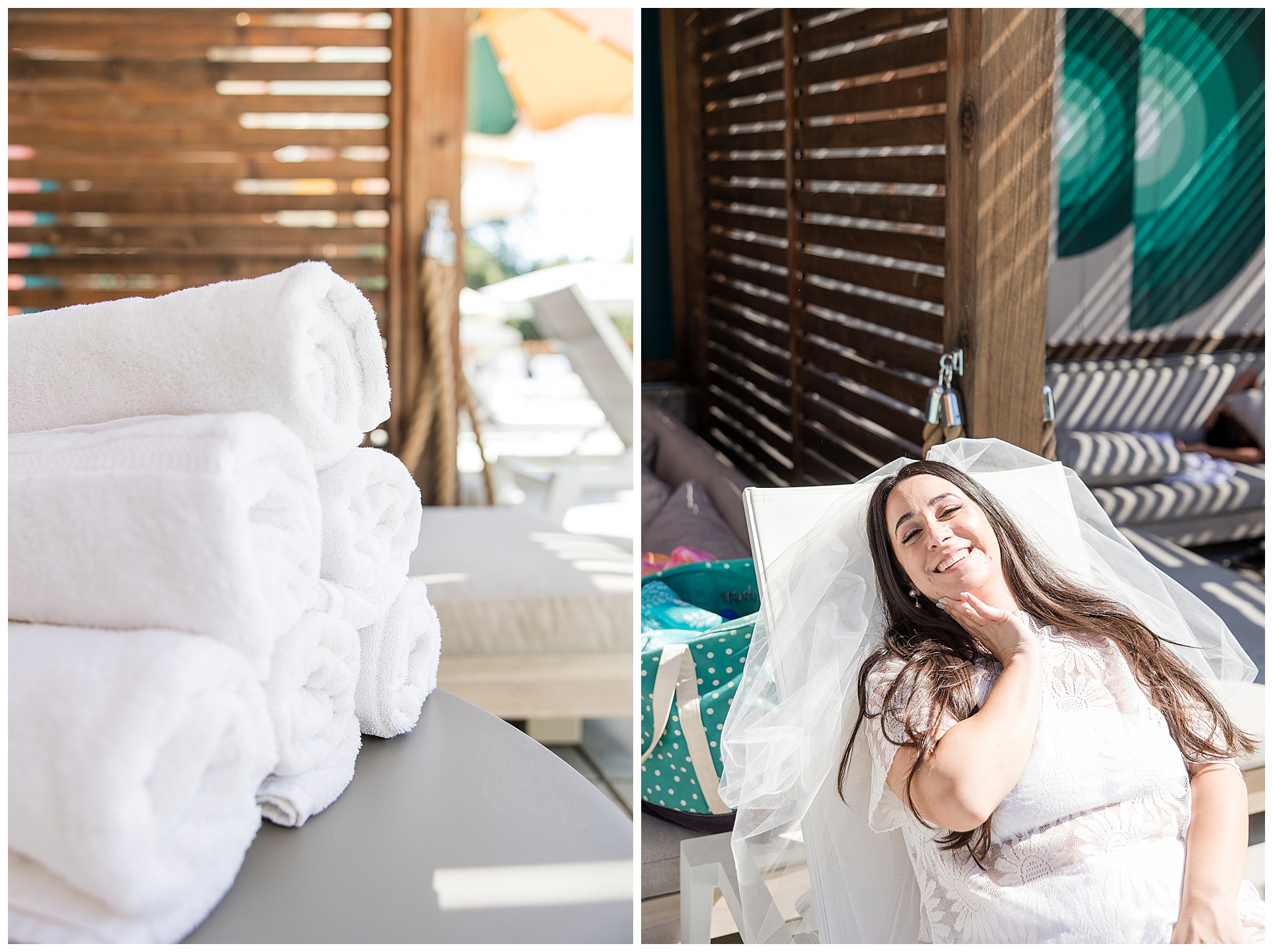 Bride enjoying her poolside wedding reception at the Trout Farm Inn 