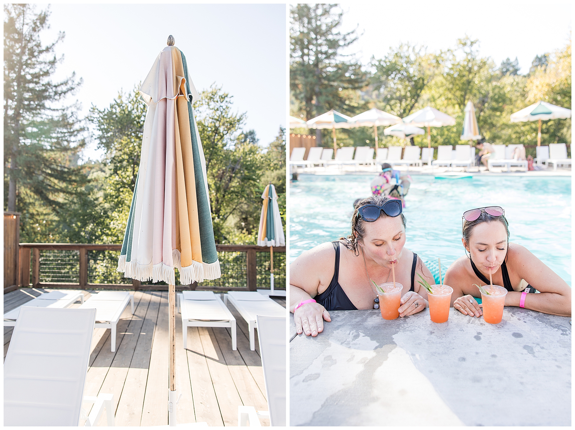 Trout Farm Inn, Wedding guests enjoying a drink poolside at this redwood wedding.