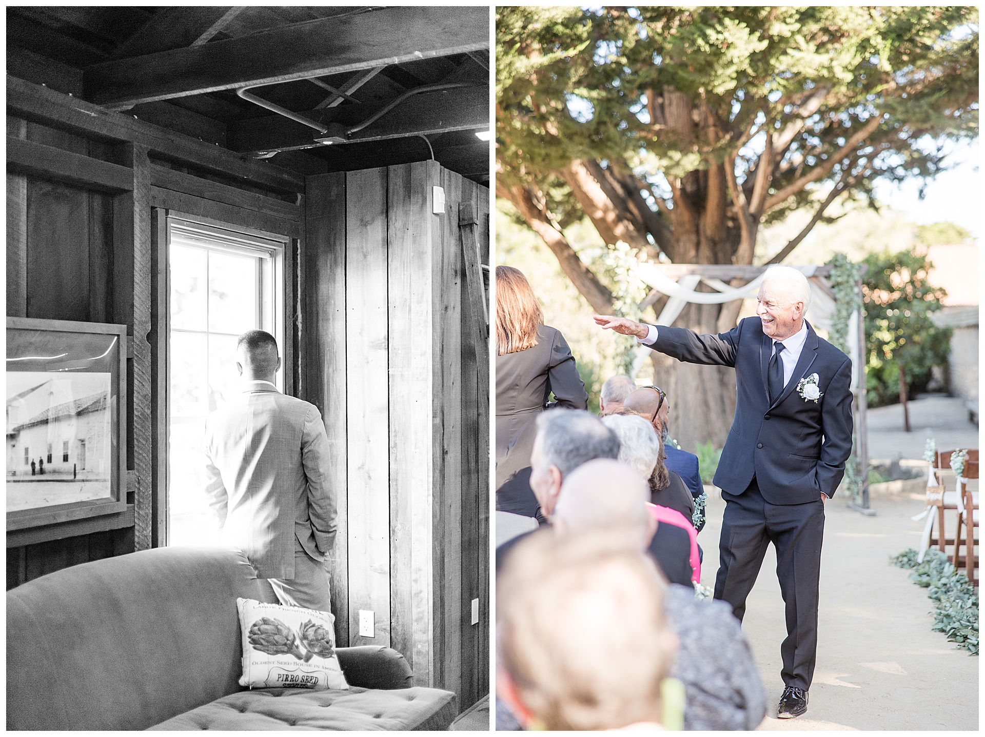 Groom watching guests arrive from the top floor of the Barns Cooper Molera at their monterey wedding