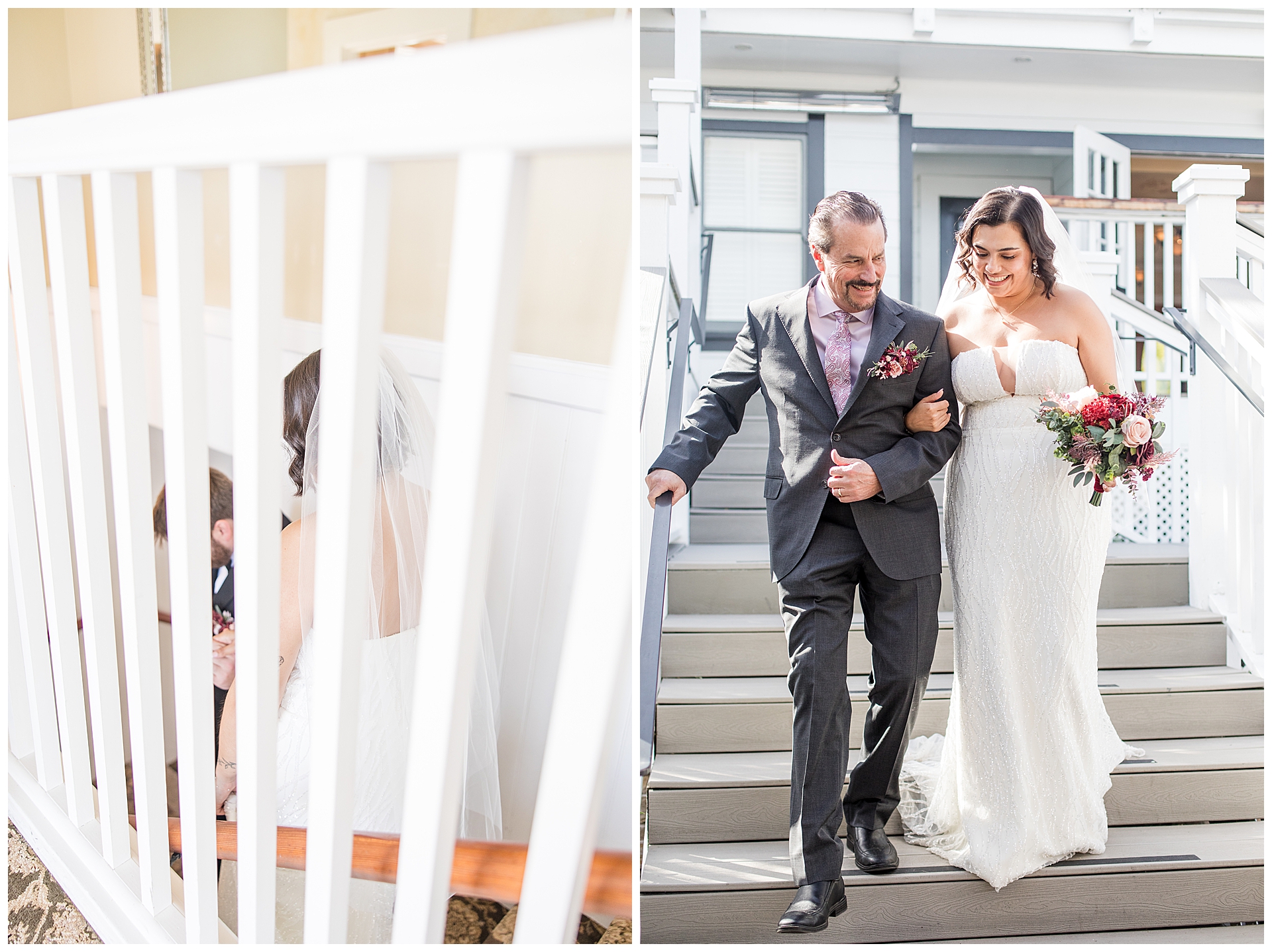 Bride coming down the deck stairs at the Perry House for her wedding in Monterey.
