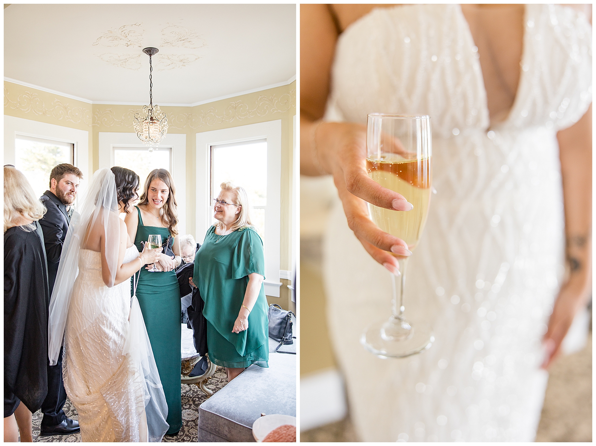 Bride and groom mingling with guests during their cocktail hour at the Perry House top floor.