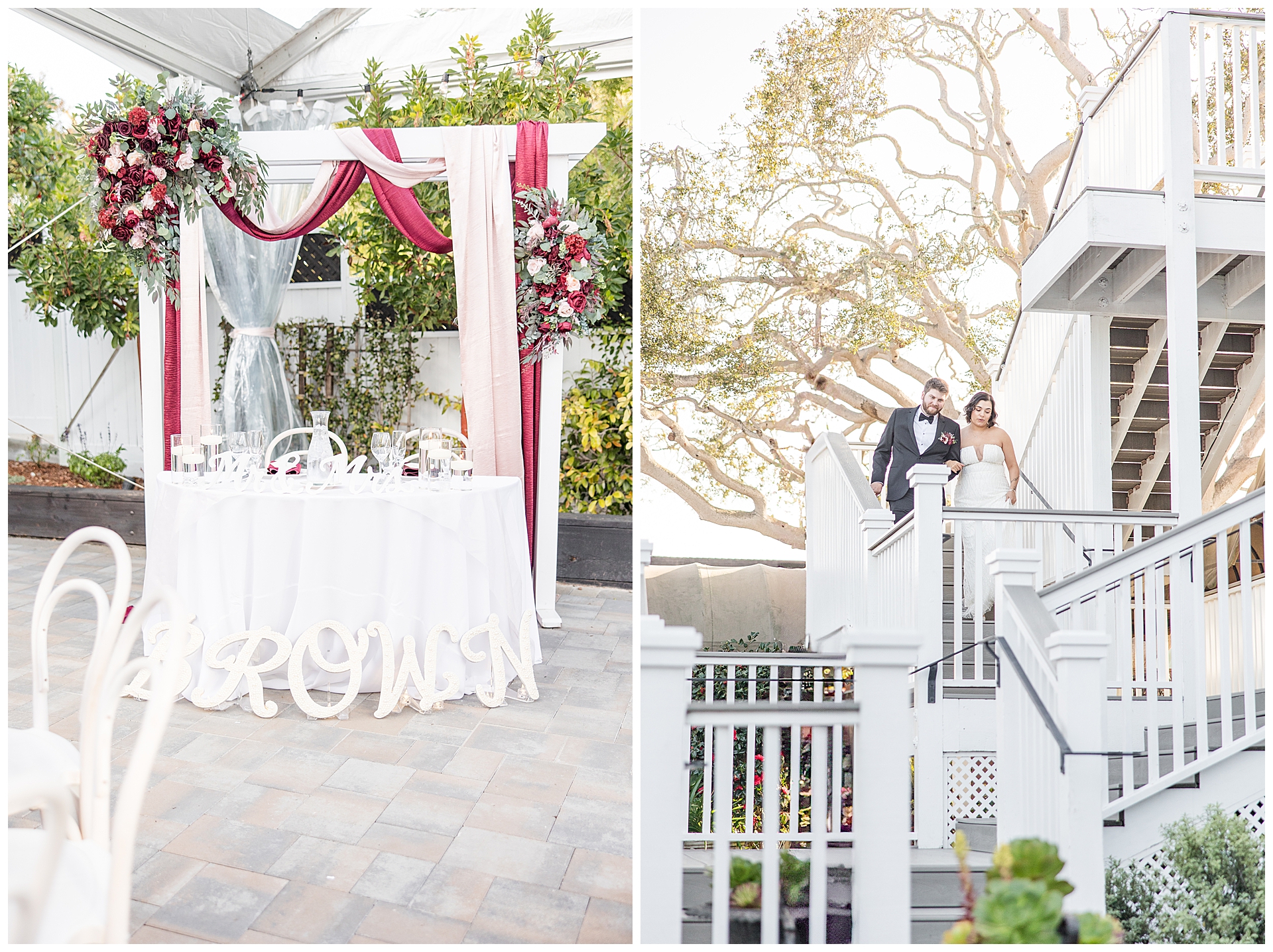 Bride and groom descending the balcony staircase at The Perry House for their reception dinner.
