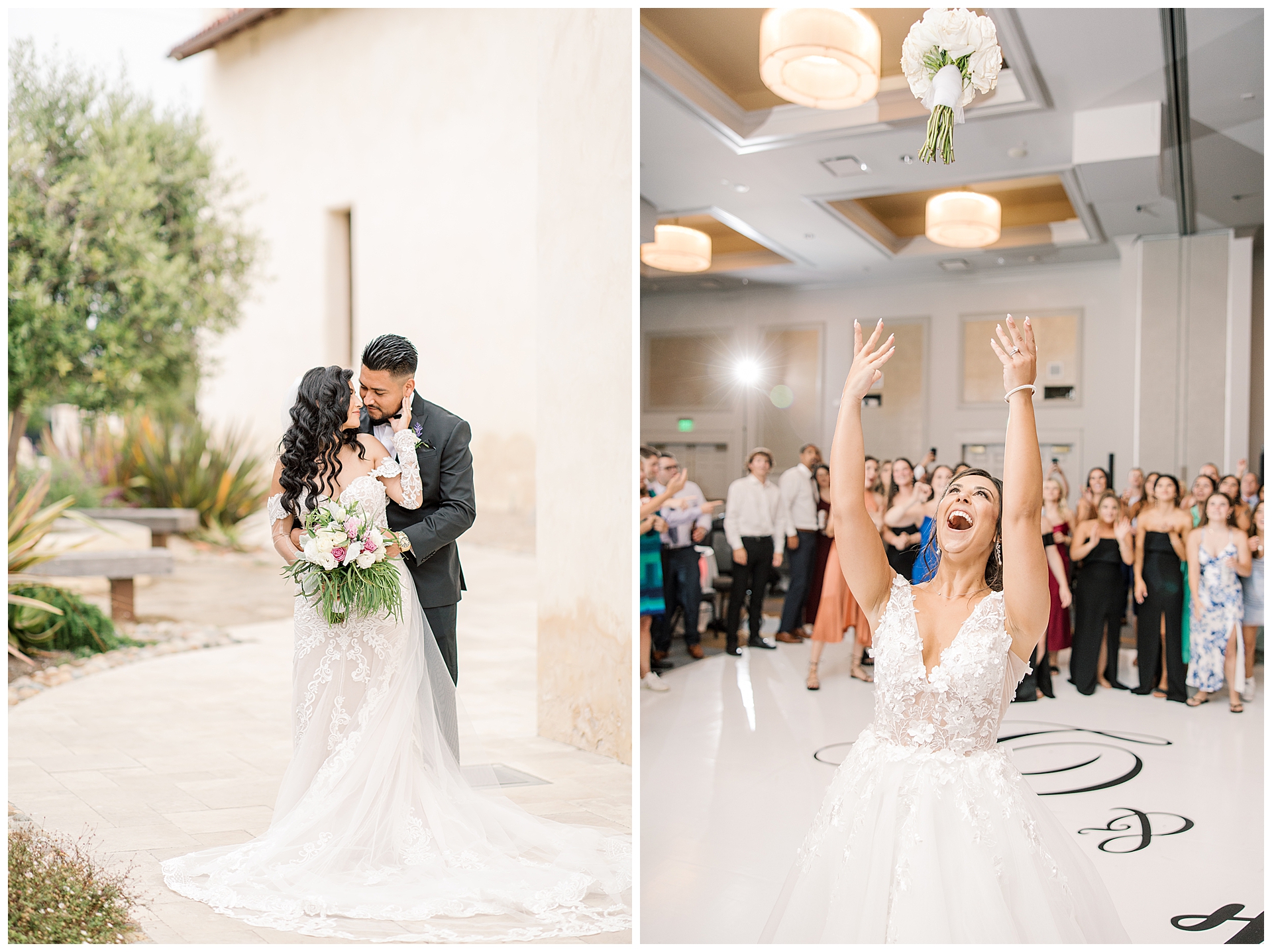 Two Brides one throwing a bouquet at Hays Mansion in San jose the other on a gravel path at St. Carlos Cathedral in Monterey.  Wedding Dress Shopping Tips