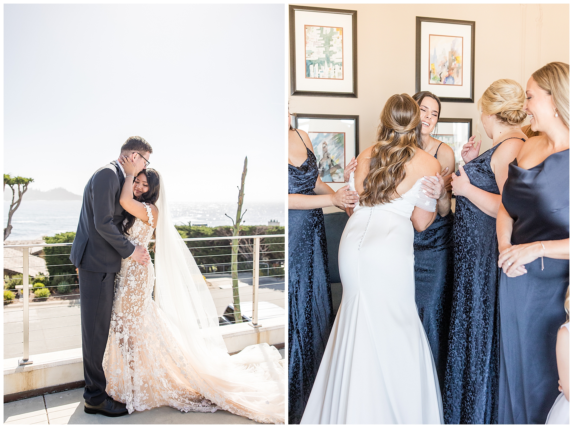 Two brides. One hugging her bridesmaids after getting ready at the Mark Hopkins Hotel in San Francisco, the other couple on a balcony in Carmel over looking the ocean. Wedding dress tips.