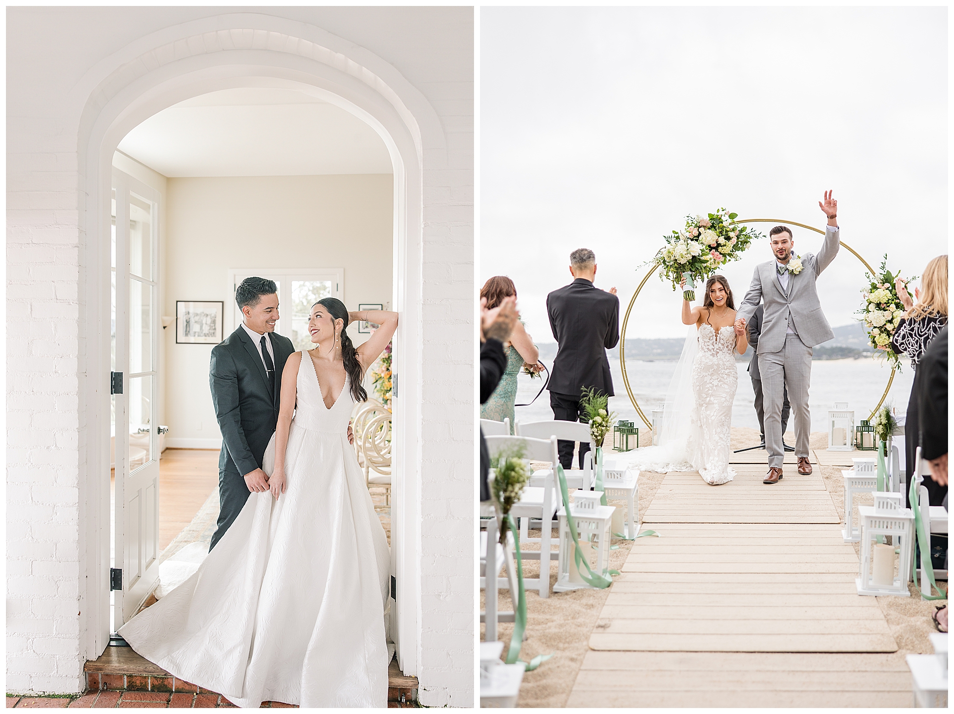 Two couples one at the Hollins House in Santa Cruz standing in a doorway, one at the beach in Carmel celebrating their newlywed vibe at Wedgewood Carmel. Wedding dress shopping Tips