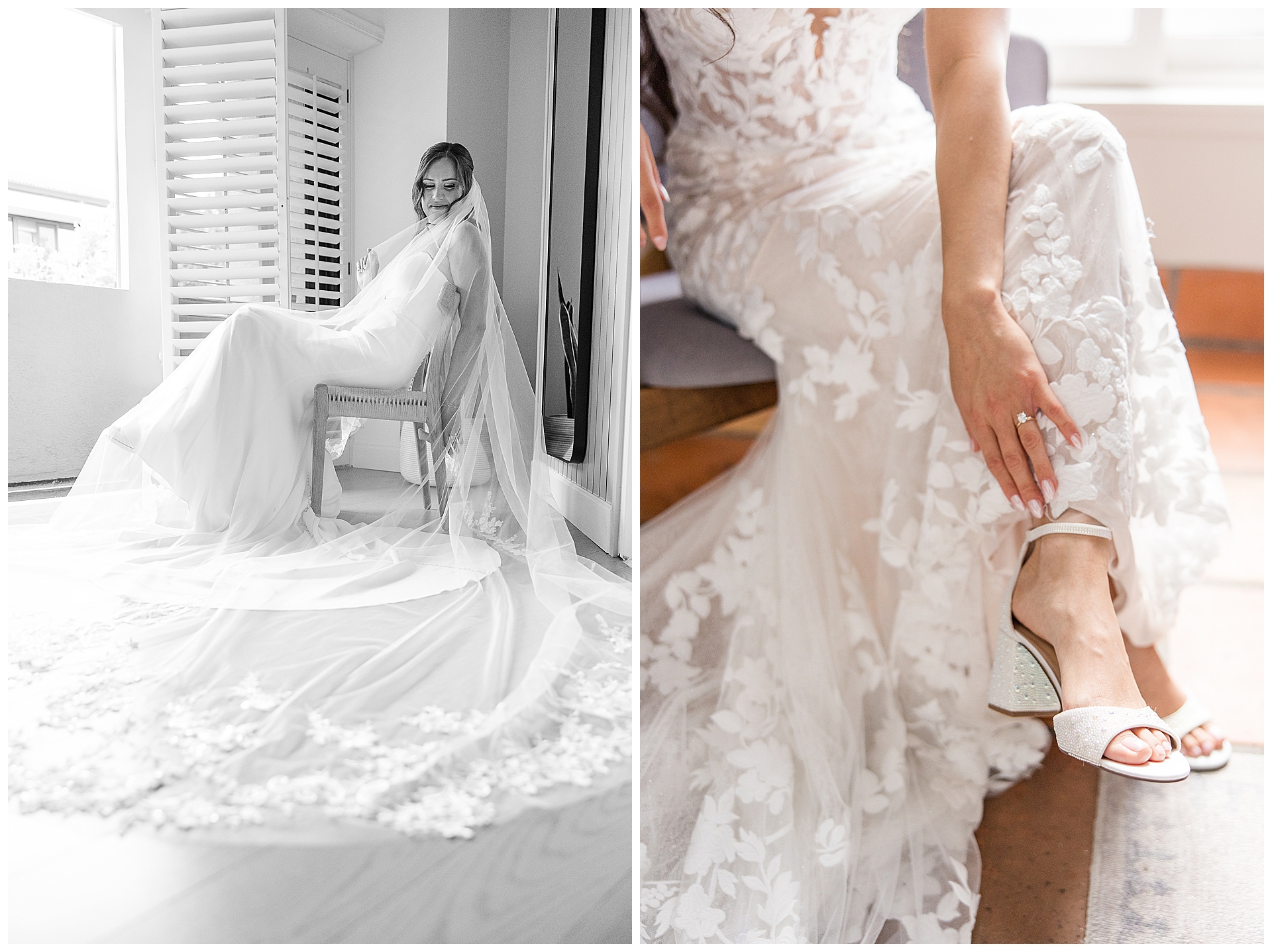 Two brides sitting while getting ready, one with a cathedral leangth veil and the other putting on her shoes at Hyatt carmel Highlands. Wedding dress shopping tips