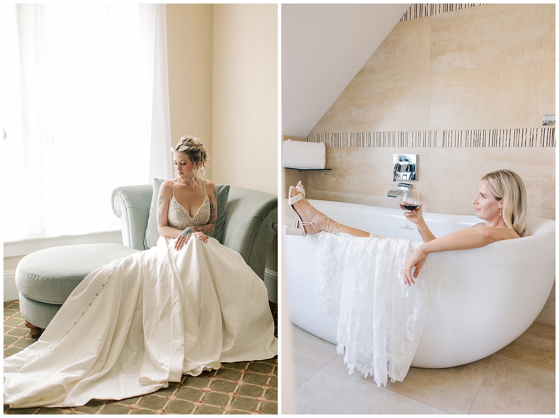 two brides sitting during their getting ready part of their day.  One on a chase lounge at the venue in Carmel Valley, and the other bride in a bathtub with a glass of red wine in Pacific Grove. Wedding dress shopping tips.