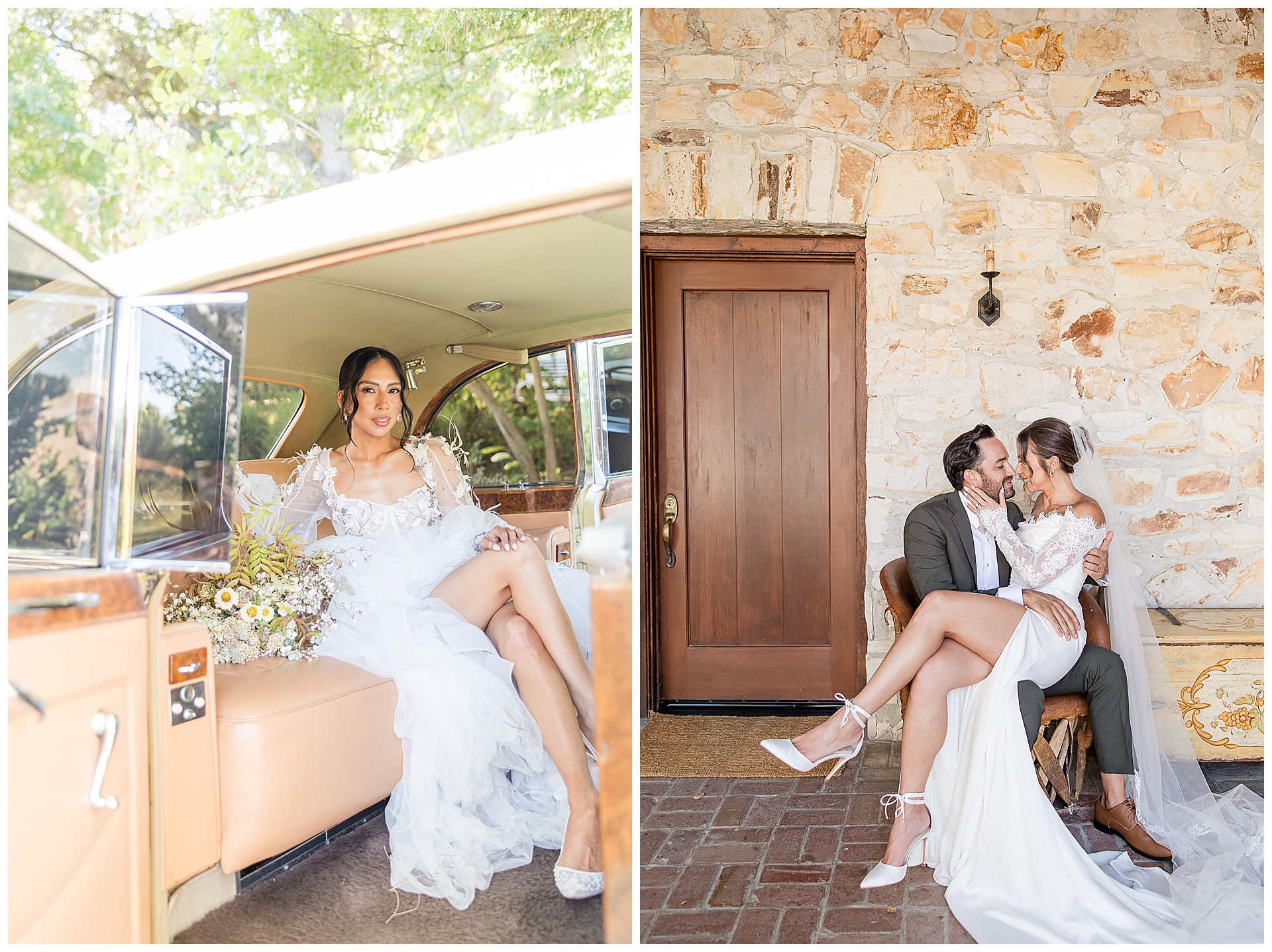 Two brides sitting.  One in a classic car at Stone pine estate and the other at Holman Ranch Wedding.  Wedding tips for dress shopping