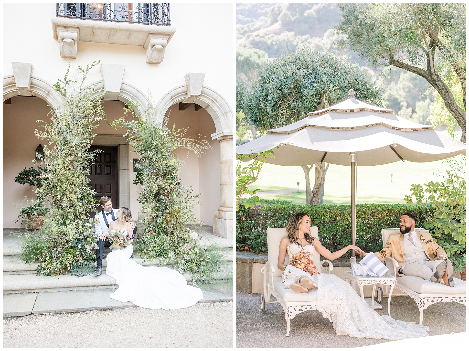 Two couples sitting at Stonepine estate; one at the front steps of the mansion and the second relaxing pool side in the shade.  Tips for wedding dress shopping.