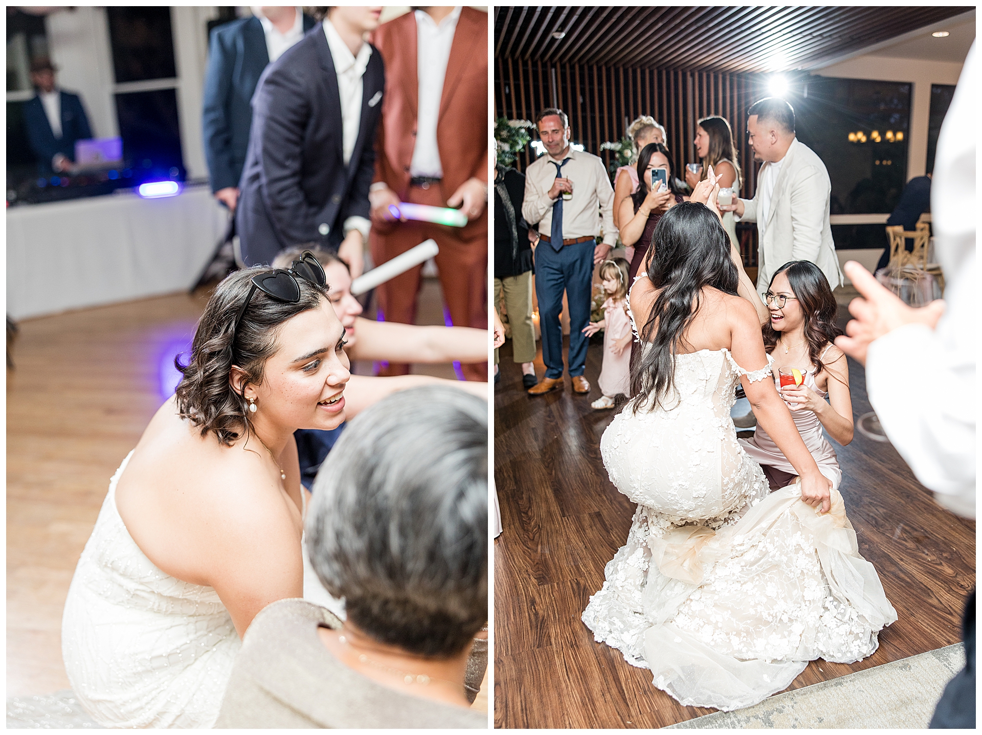 Two brides dancing on their dance floor.  Getting low with their guests.  One at the Perry House in Monterey california, and the other at Fairview Laguna Seca.