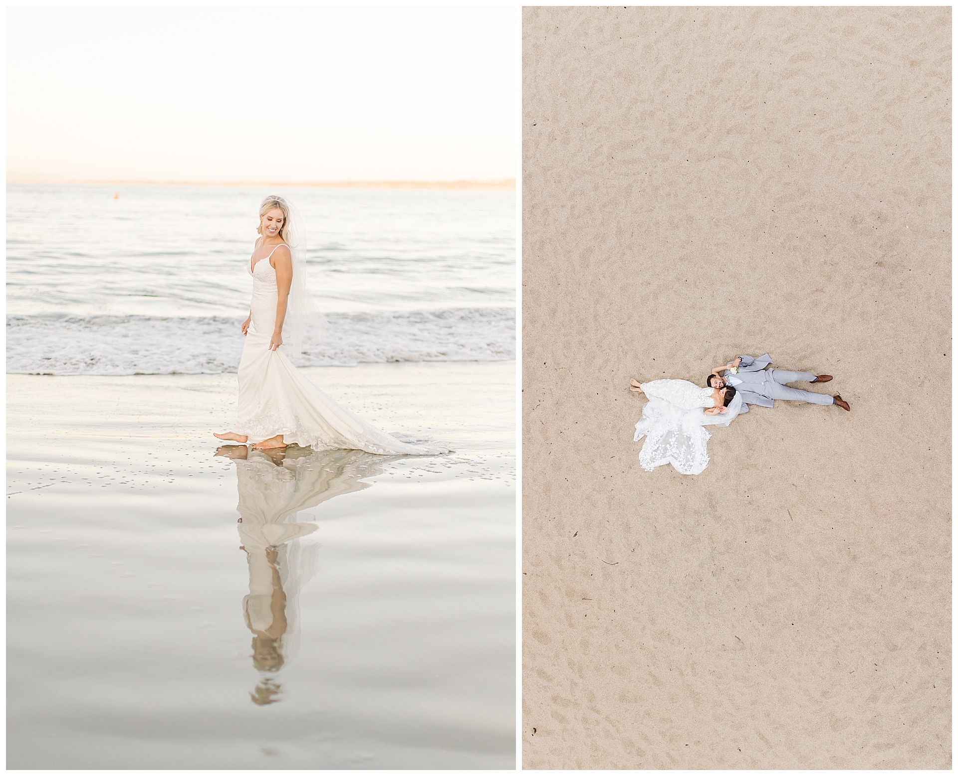 One bride walking in the Pacific ocean barefoot with her dress flowing in the back. The other couple laying in the sand shot with a drone. Monterey Beach Station the other at a carmel beach for Wedgewood Carmel.  Wedding dress shopping tips