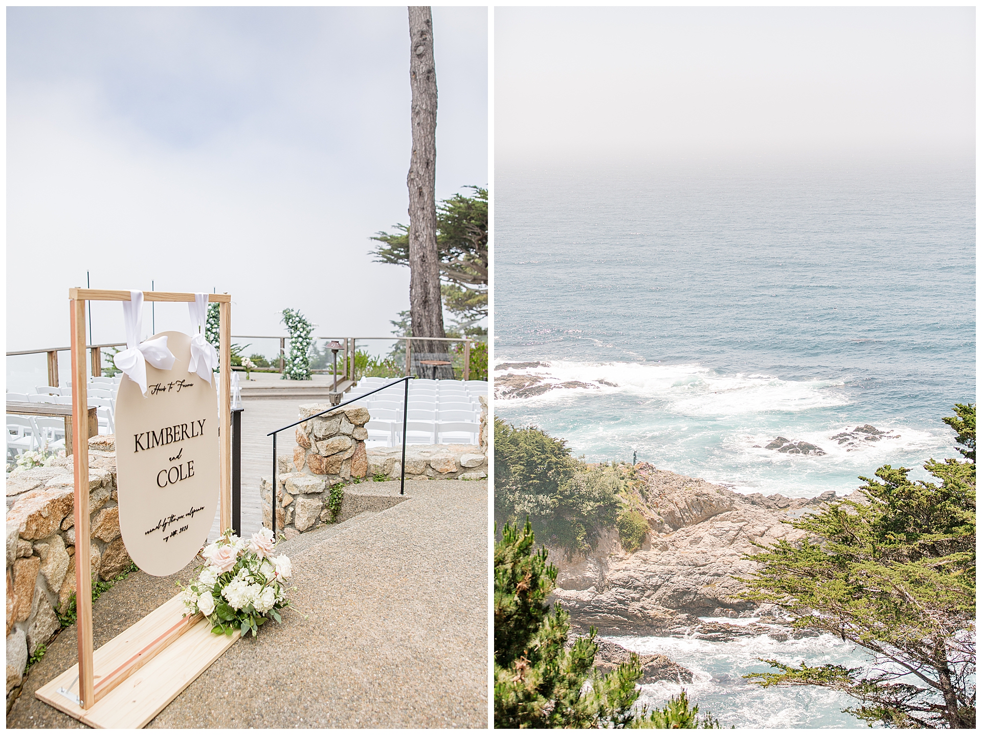 Wedding ceremony set up with a beautiful wood sign and whimsical florals as the guests overlook the Pacific ocean at Hyatt Carmel Highlands.