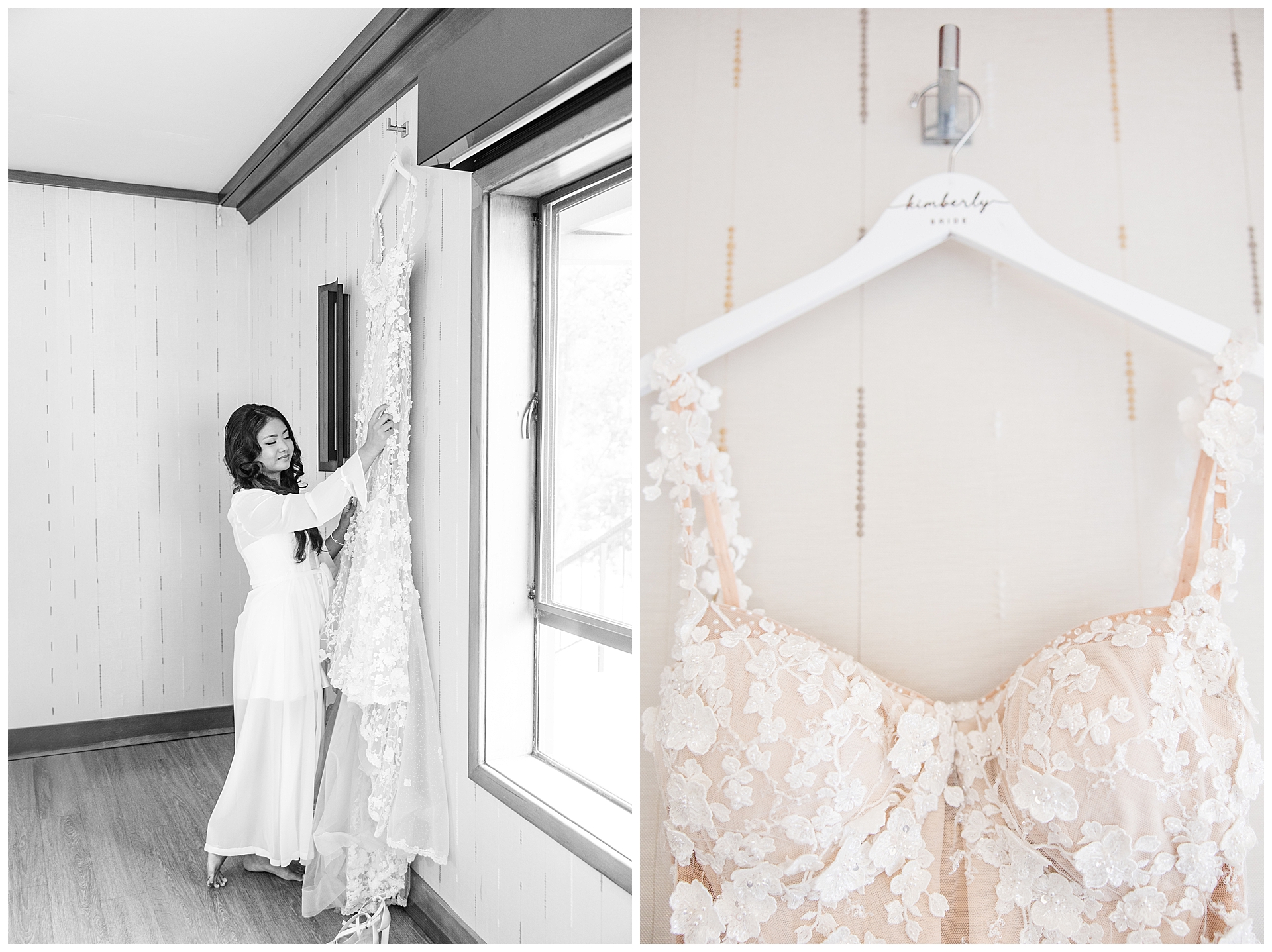 Bride admiring her wedding gown before getting dressed for her Carmel Highlands wedding.