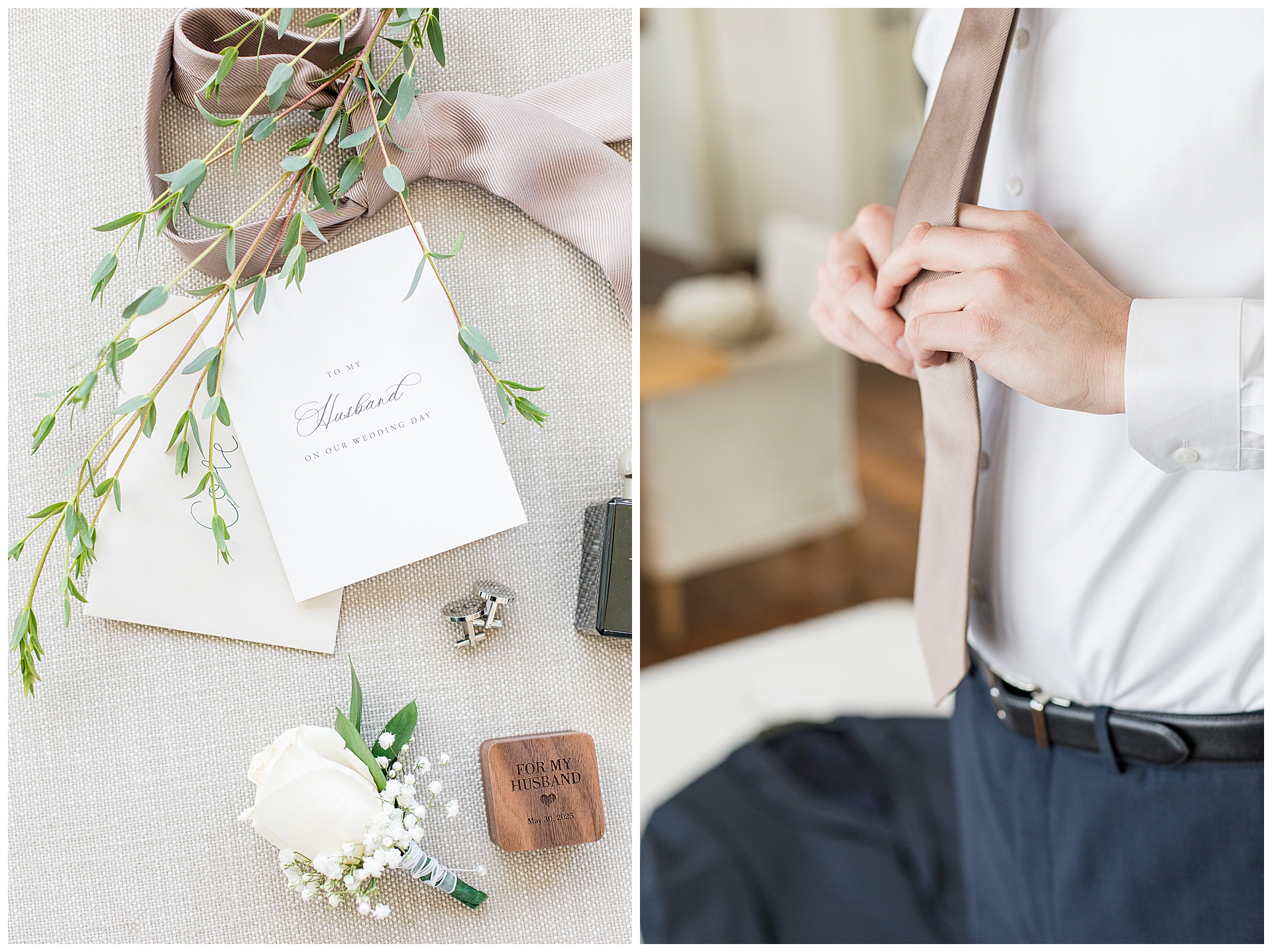 Groom adjusting his tie for while getting ready for his Carmel highlands wedding