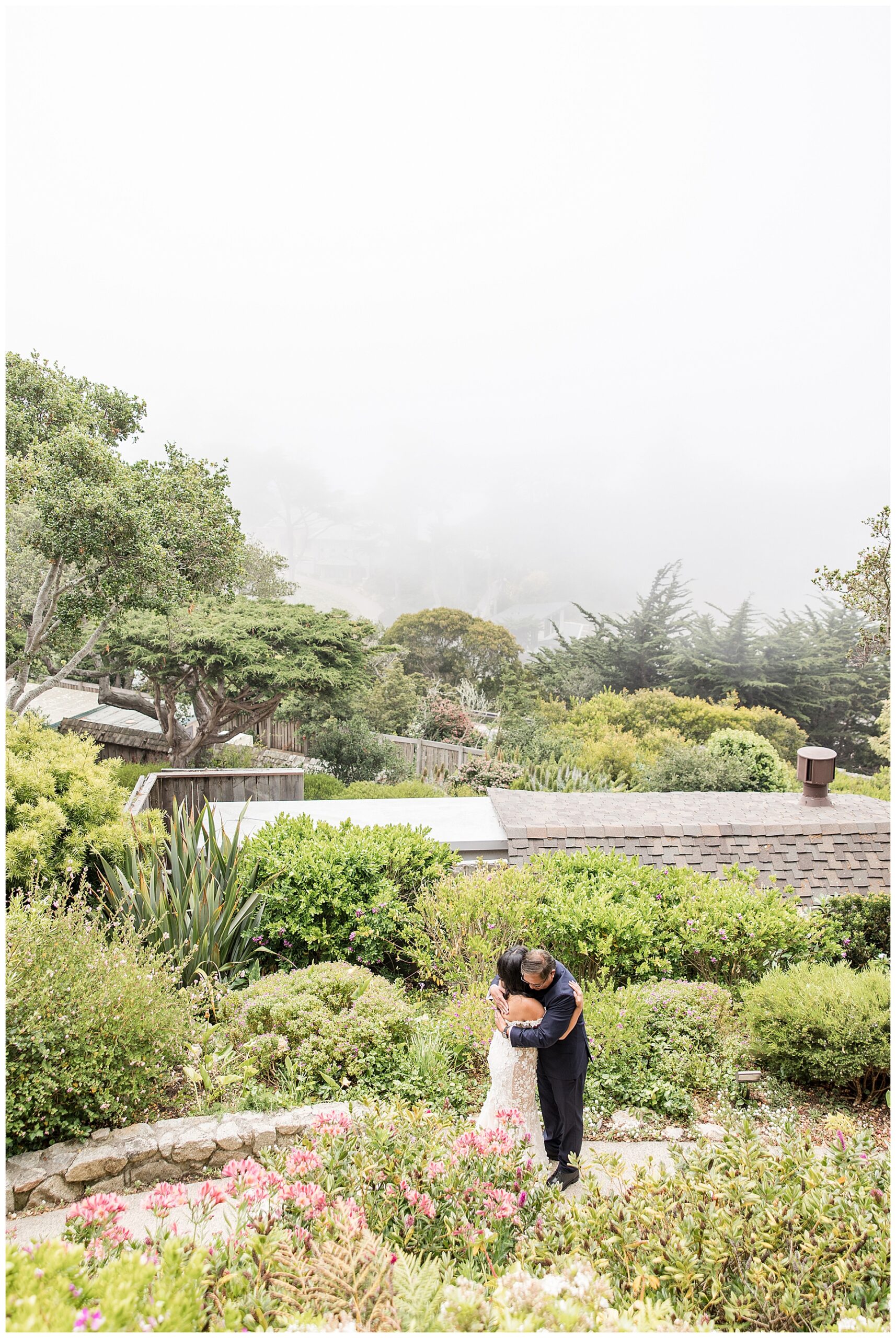 Father of the bride and the bride share a first look and hug at Hyatt Carmel Highlands