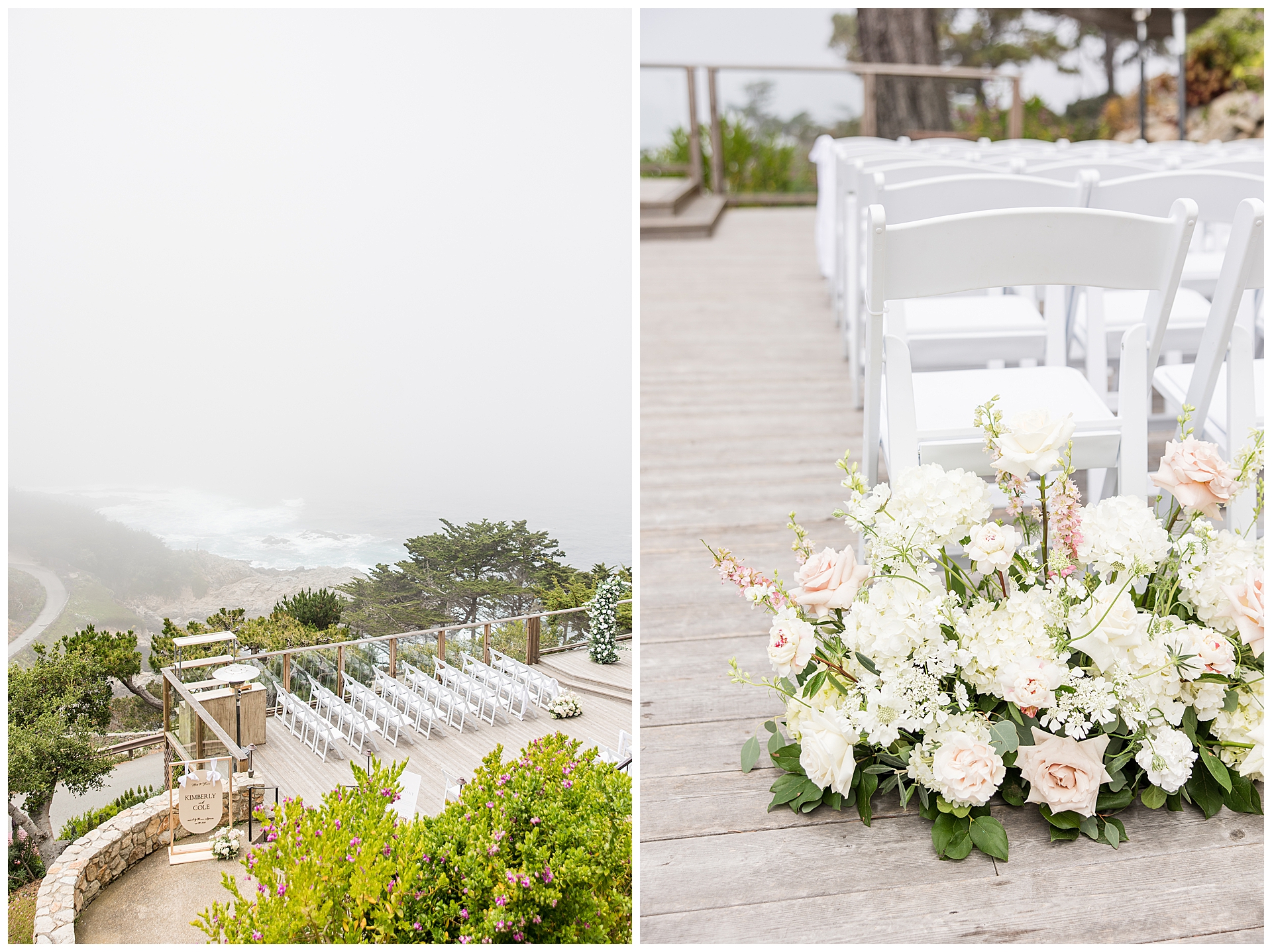 Ceremony set up during a foggy morning of a Carmel Highlands wedding