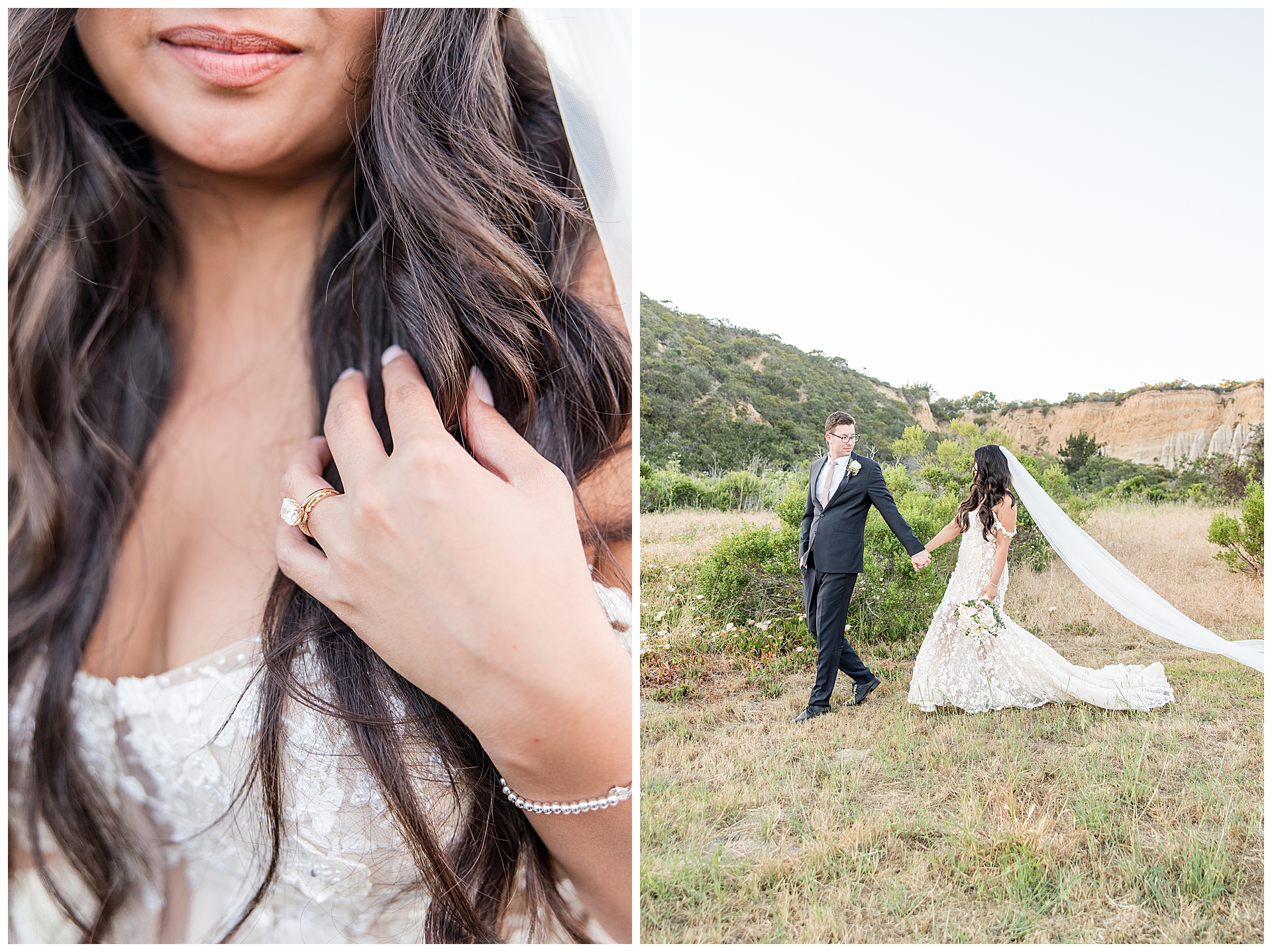 Bride and groom share a walk through the fields of Fairview Laguna Seca with the cliffs in the background.