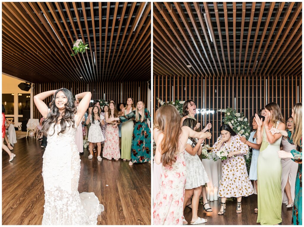 Bride tosses her bouquet under the warm wood ceiling at Laguna Seca. 
