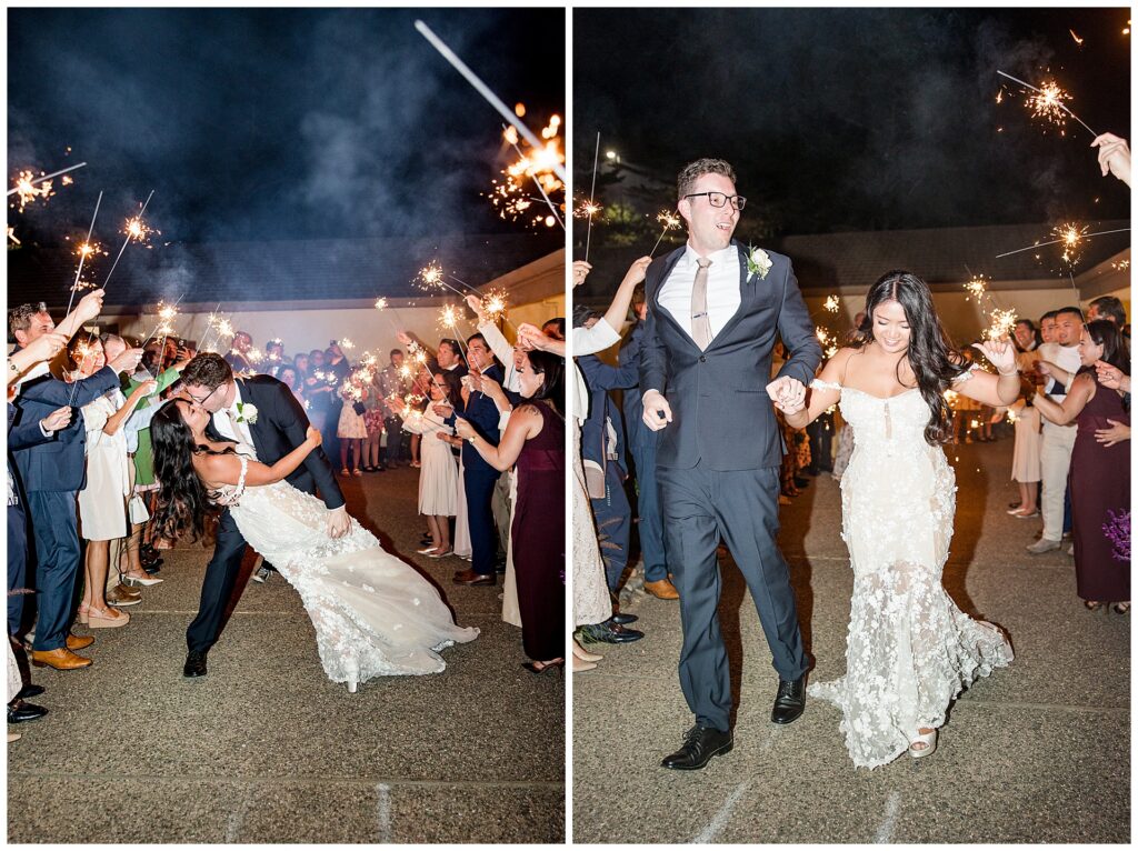 Bride and groom share a dip kiss and run off together between the sparkler exit from their laguna Seca wedding
